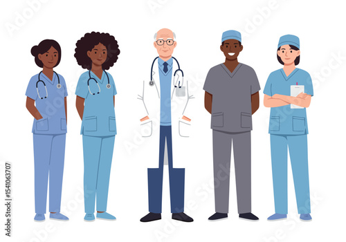 Five healthcare workers are standing in a row