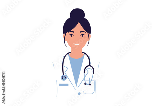 Illustration of a woman doctor with a stethoscope wearing a white coat with a hair bun against a white backdrop