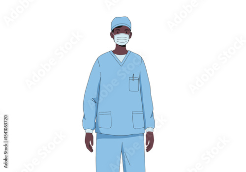 Fullbody illustration of a masked healthcare worker in scrubs