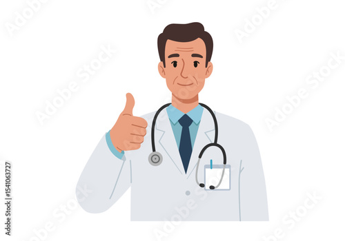Vector doctor in lab coat with stethoscope gives thumbs up