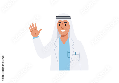 Vector Doctor in traditional Arab headwear and white doctors coat waves smiling