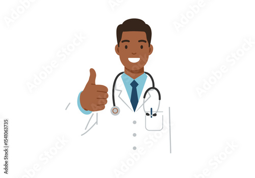 Vector Smiling doctor in white coat gives thumbs up stethoscope visible