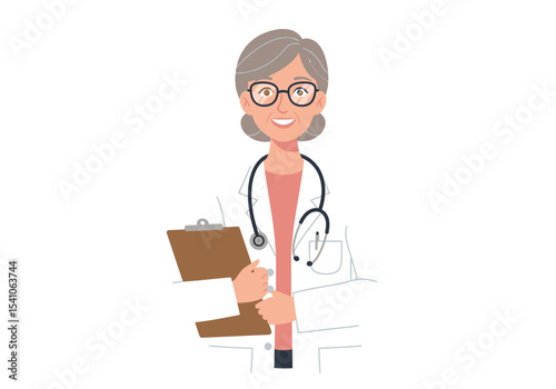 Vector Mature doctor in lab coat holding clipboard and smiling with a stethoscope around her neck