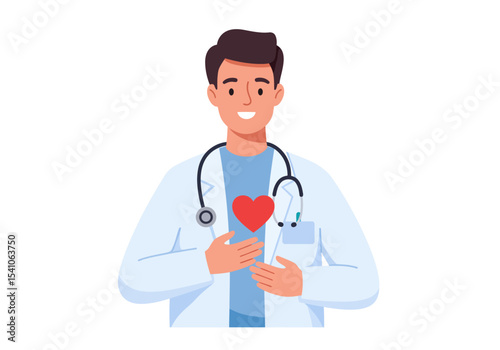Vector Smiling doctor with a stethoscope hands on heart