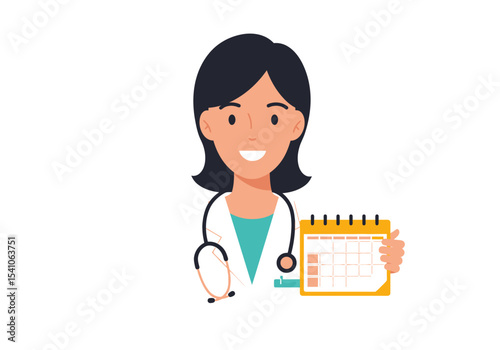 Vector Smiling doctor in white coat holds calendar scheduling appointment