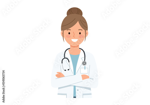 Vector Smiling female doctor with brown hair in a bun wearing a white coat and stethoscope arms crossed