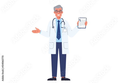 Standing doctor gray hair glasses white coat blue tie pen stethoscope prescription pad one arm extended