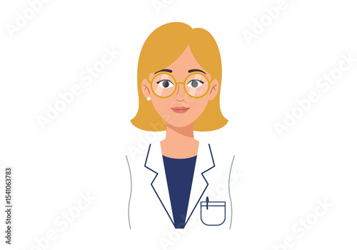Woman with blonde hair and glasses in a doctors coat
