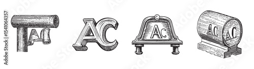 Collection of vintage illustrations showcasing various letterpress printing tools, highlighting craftsmanship and design elements in printmaking history., set vector illustration