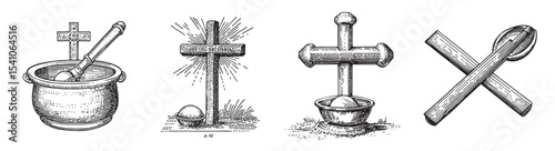 A collection of vintage illustrations featuring religious symbols and culinary tools, including a mortar and pestle, crosses, and a spoon, evoking tradition and history., set vector illustration