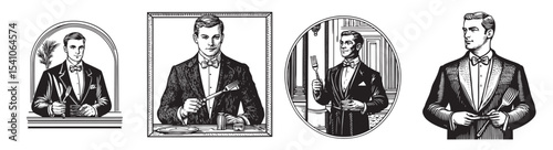 A collection of vintage-style illustrations depicting elegant waiters in tuxedos, showcasing professionalism and hospitality while serving food and drinks., set vector illustration