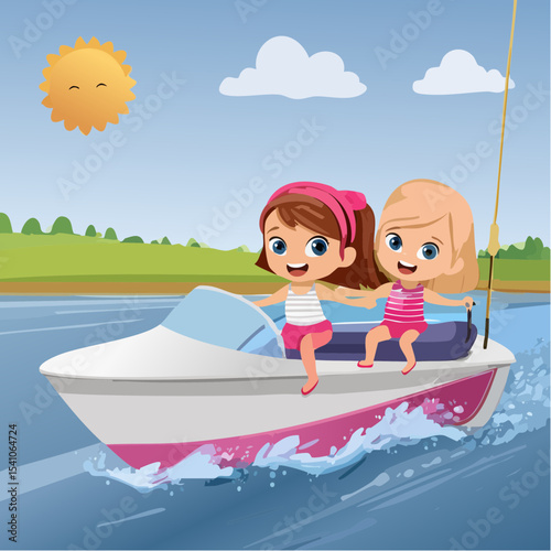 Vector Images of Summer Fun Activities: Little Girls Riding in a Motorboat 34