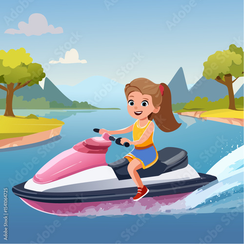 Vector Images of Summer Fun Activities: Little Girl Riding a Jet ski in Nearby Pond 36