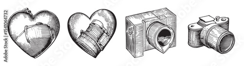 This collection features vintage illustrations of cameras and heart-shaped objects, capturing the artistic essence of love and photography in a beautifully detailed manner., set vector illustration