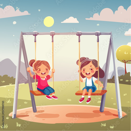 Vector Images of Summer Fun Activities: Little Girls Playing on Swings at Neighborhood Park 48