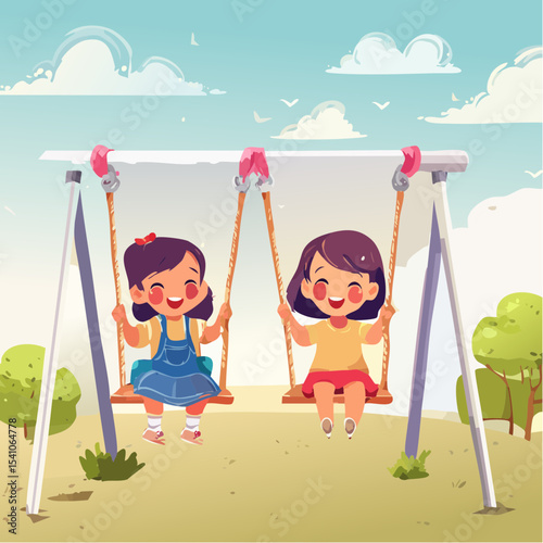 Vector Images of Summer Fun Activities: Little Girls Playing on Swings at Neighborhood Park 52