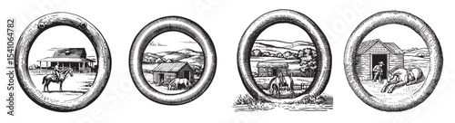 This vintage illustration showcases scenes of rural life, featuring horses, barns, and picturesque landscapes in a classic black and white design., set vector illustration