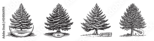 This vintage illustration features trees in various stages of cutting, showcasing the beauty of nature alongside traditional logging methods. Perfect for nature enthusiasts!, set vector illustration