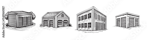 This collection features detailed illustrations of various storage sheds and garages. Each design showcases unique architectural styles, perfect for home improvement projects., set vector illustration