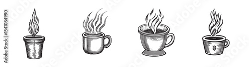 This collection features four vintage coffee cup illustrations, each with steam rising, perfect for creating a cozy and inviting atmosphere in any setting., set vector illustration
