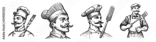 A collection of vintage illustrations depicting chefs in various poses and styles, showcasing their culinary tools and skills in a classic retro design., set vector illustration