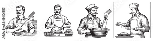 Explore a collection of vintage chef illustrations that highlight various culinary techniques and skills in a professional kitchen setting. Perfect for food enthusiasts!, set vector illustration