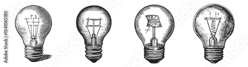 This set of vintage light bulb illustrations showcases early 20th-century designs, highlighting the evolution of electrical invention and artistry in technology., set vector illustration