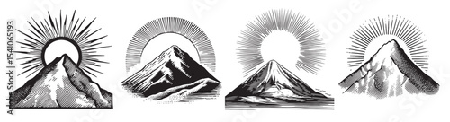 This collection features vintage-style illustrations of mountains with dynamic rays of sunlight. Perfect for nature enthusiasts and designers seeking artistic landscapes., set vector illustration