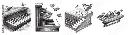 This vintage illustration showcases a collection of piano designs with birds and musical notes, embodying the beauty of nature and sound in art., set vector illustration