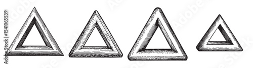 A collection of vintage hand-drawn triangles showcasing different sizes and styles. Perfect for design projects, art prints, and creative backgrounds., set vector illustration