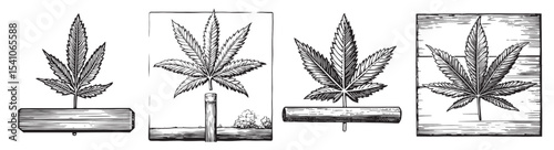 A collection of vintage illustrations showcasing cannabis leaves in different artistic styles. Perfect for nature lovers, herbal enthusiasts, and unique decoration., set vector illustration