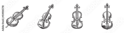 Explore a set of hand-drawn illustrations showcasing violins from various angles. Perfect for music-themed projects, the designs capture detailed craftsmanship and elegance., set vector illustration