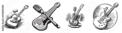 A vintage-inspired illustration featuring various musical instruments including guitars and microphones styled in black and white. Perfect for music-themed projects., set vector illustration