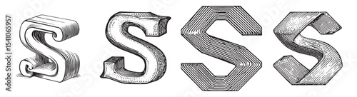 Explore this detailed vintage engraving featuring various stylized letters S. The artistic design showcases distinct shapes and textures, perfect for typography enthusiasts., set vector illustration