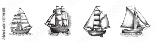 Explore this vintage illustration featuring four distinct sailing vessels, showcasing the beauty and craftsmanship of maritime design. Perfect for any nautical theme., set vector illustration