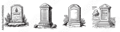 A collection of four vintage gravestones illustrated in classic black and white. Each monument features unique designs, showcasing historical and cultural significance., set vector illustration