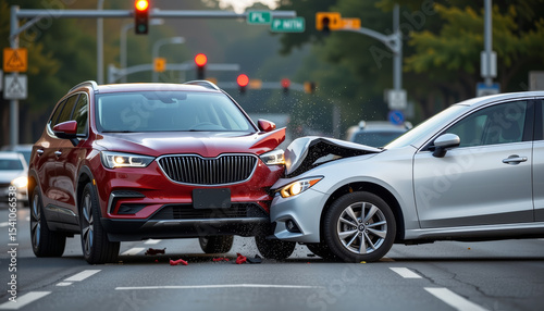 Frontal car crash between red SUV and silver sedan on city street with traffic lights and trees in background