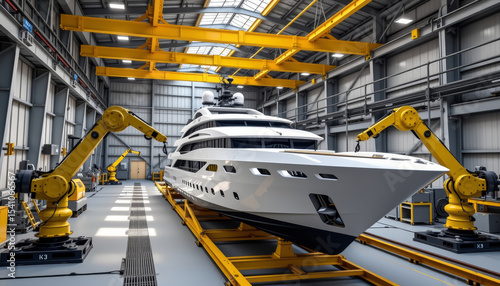 Indoor shipyard with mega yacht under construction and robotic arms working, bright spacious industrial environment