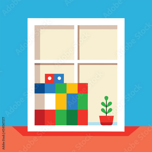 Colorful Building Blocks in a Windowsill A Playful Illustration