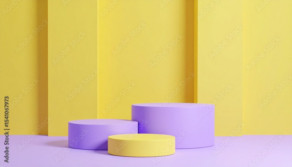 Minimalist product display podiums in purple on yellow background, 3D rendering mockup Minimalist product display podiums in purple on yellow background, 3D rendering mockup