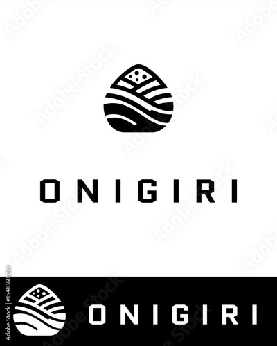 A minimalist onigiri logo design with abstract rice and seaweed patterns in black and white 