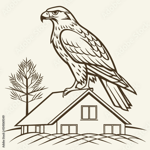 Majestic eagle perched on house roof rural landscape