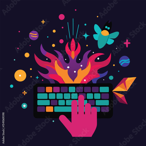 Igniting Creativity A vibrant keyboard illustration bursting with cosmic flames and digital energy