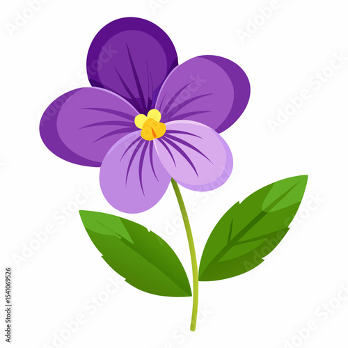Single purple pansy flower with green leaves isolated on white
