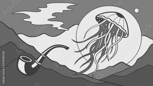 Surreal jellyfish and smoking pipe on mountain landscape, transparent png