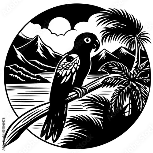 Tropical parrot perched on branch scenic landscape