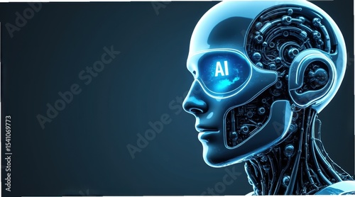 Futuristic blue robotic head with visible circuits and glowing AI text on its visor, symbolizing artificial intelligence and advanced technology.