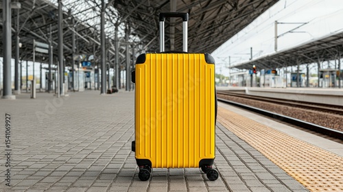 Bright yellow suitcase stands on a train station platform.