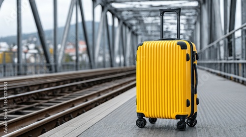 Bright yellow suitcase stands on a train station platform.