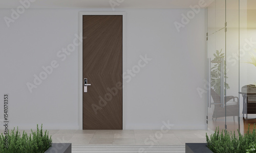 Door way with digital door locking on  wooden high door panel